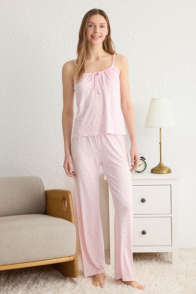 Trendyol Collection Ροζ λουλουδάτο μοτίβο - Πλεκτό σετ πιτζάμες με δέσιμο και τιράντες THMSS24PT00233