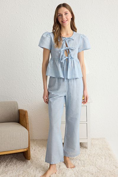 Trendyol Collection Set pijamale țesute din popelin cu dantelă albastră din bumbac THMSS25PT00024