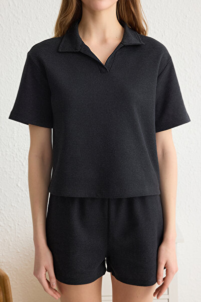 Trendyol Collection Anthracite Slogan Label Detailed Waffle Fabric Knitted Pajamas Set with Shorts Thmss25Pt00072