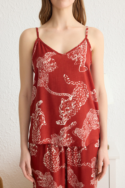 Trendyol Collection Cinnamon Animal Metrage Print Shally Woven Pajamas Set Thmss24Pt00127