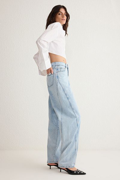 Trendyol Collection Blugi largi cu barrel cu talie înaltă cu cusături albastru deschis TWOSS25JE00019