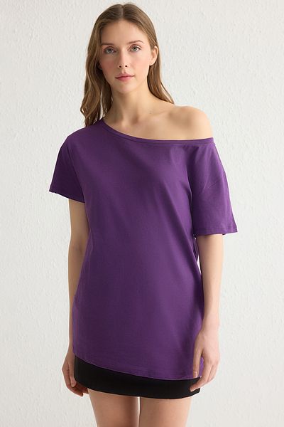 Trendyol Collection Lila Boyfriend-Strick-T-Shirt aus 100 % Baumwolle mit U-Boot-Ausschnitt TWOSS20TS0140