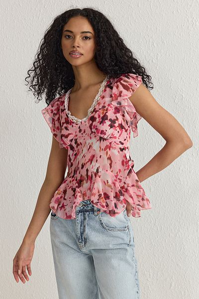 Trendyol Collection Rosa Yoryo-Chiffon-Blumen-Webbluse TWOSS25BZ00107