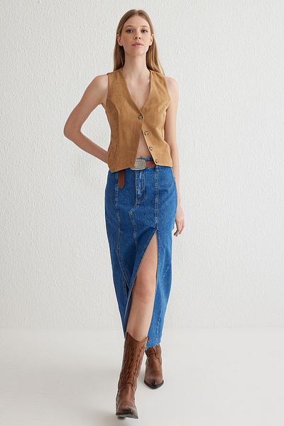 Trendyol Collection Синя джинсова спідниця міді з розрізом TWOSS25ET00001