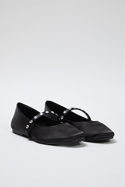 TRENDYOL SHOES Schwarze Mary Jane Ballerina-Ballerinas mit Satin-Effekt und Steinen für Damen TAKSS25BE00013