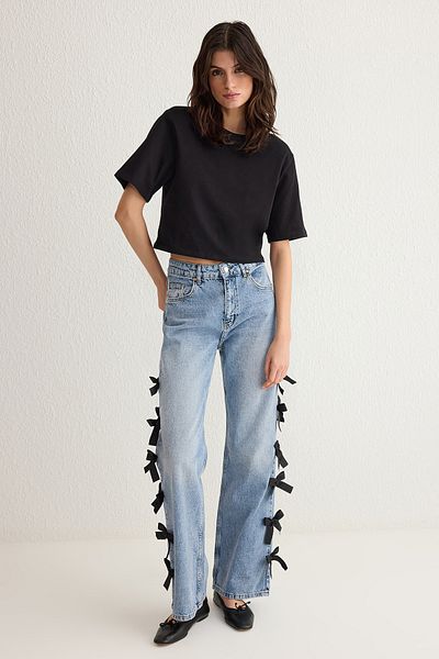 Trendyol Collection Blugi cu talie obișnuită cu picioare largi, cu panglică albastră/funda TWOSS25JE00035