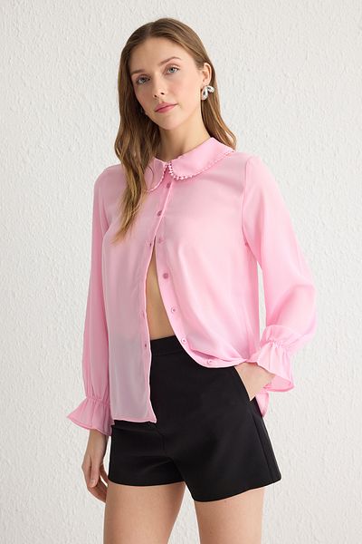 Trendyol Collection Világos rózsaszín gallérral részletezett fodros szőtt ing TWOAW21GO0717