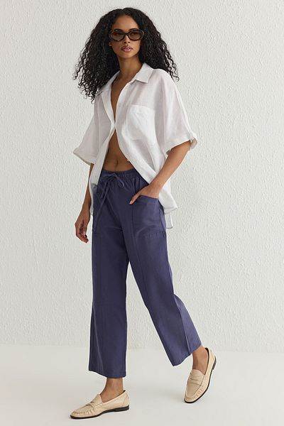 Trendyol Collection Indigo Linen Straight Cut Pants - Elastic Waist Straight Woven in Straight Twoss25Pl00016