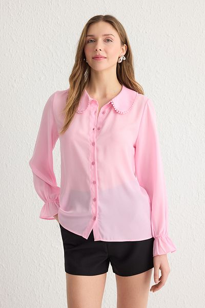 Trendyol Collection Világos rózsaszín gallérral részletezett fodros szőtt ing TWOAW21GO0717