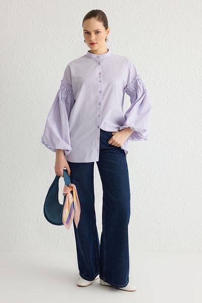 Trendyol Modest Fliederfarbenes, gewebtes Baumwollhemd mit Ballonärmeln TCTSS24TG00048