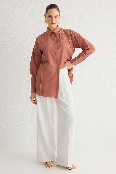 Trendyol Modest Cinnamon Pearl Detailed Cotton Woven Shirt Tctss24Tg00032