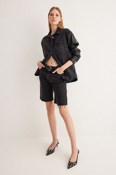 Trendyol Collection Черно кожено дънково яке с големи детайли Twoss25Ce00012