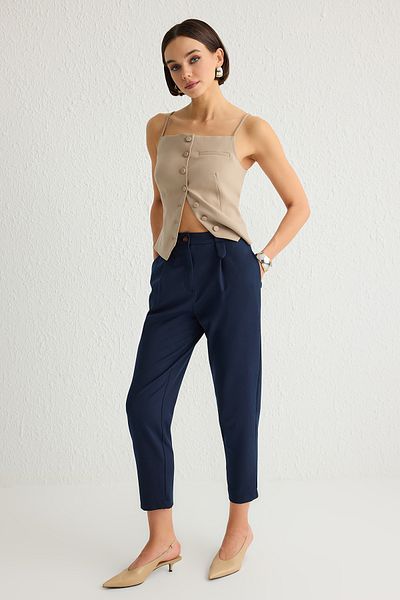 Trendyol Collection Sötétkék sárgarépa magas derekú poliviskóz szőtt nadrág TWOSS22PL0280