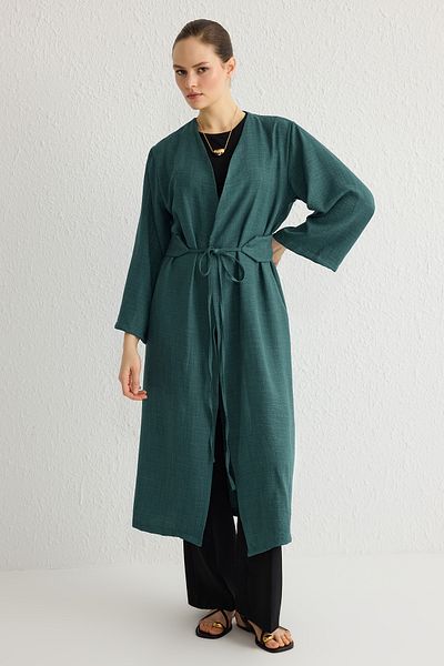 Trendyol Modest Indigo Linen Tkané Detailní Kimono & Kaftan - Detail kravaty Tctss24Kk00001