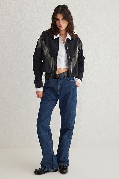 Trendyol Collection Fekete Bojtos Crop Oversize farmerdzseki TWOSS25CE00022