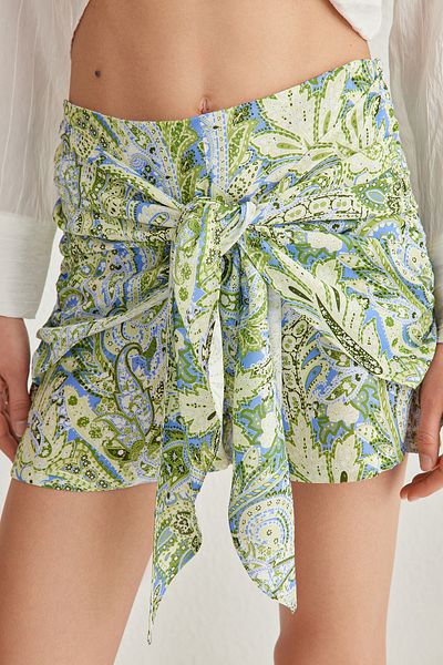 Trendyol Collection Green Front Drawstring Mini Shawl Pattern Woven Shorts & Bermuda Twoss25Sr00028