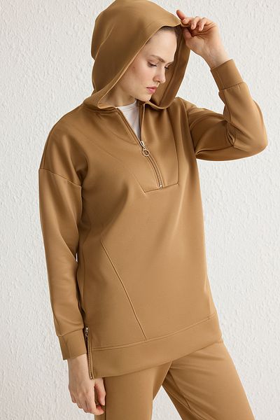 Trendyol Modest Καφέ μπροστινό φερμουάρ Μαλακή υφή Scuba Oversize Σετ φόρμας TCTSS23EN00005
