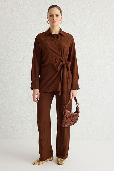 Trendyol Modest Καφέ δέσιμο Λεπτομερές υφαντό κοστούμι κάτω-κορυφή TCTSS25US00000