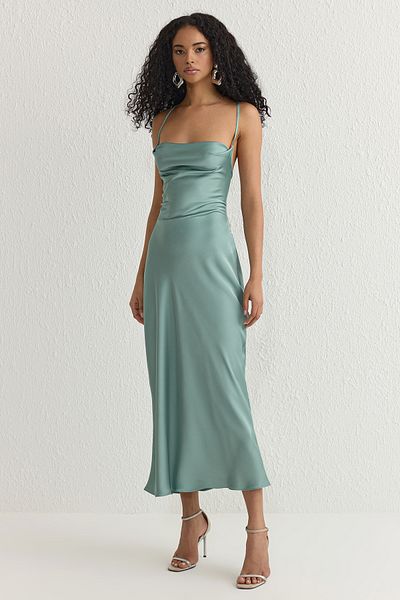 Trendyol Collection Mint Degaje Collar Satin Woven Stylish Dress Tprss25El00003