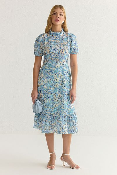 Trendyol Collection Rochie țesătă midi cu volane, albastru deschis TWOSS20EL0894