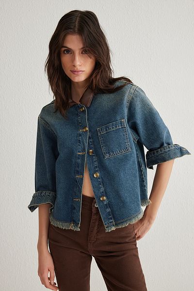 Trendyol Collection Винтидж тъмно синьо дънково яке с големи размери с пола с пискюли - Twoss25Ce00026