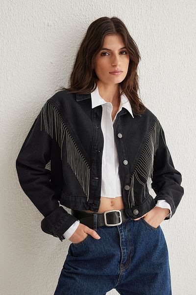 Trendyol Collection Fekete Bojtos Crop Oversize farmerdzseki TWOSS25CE00022