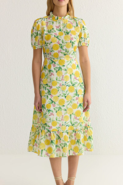 Trendyol Collection Κίτρινο φλοράλ βολάν Μίντι υφαντό φόρεμα TWOSS20EL0894
