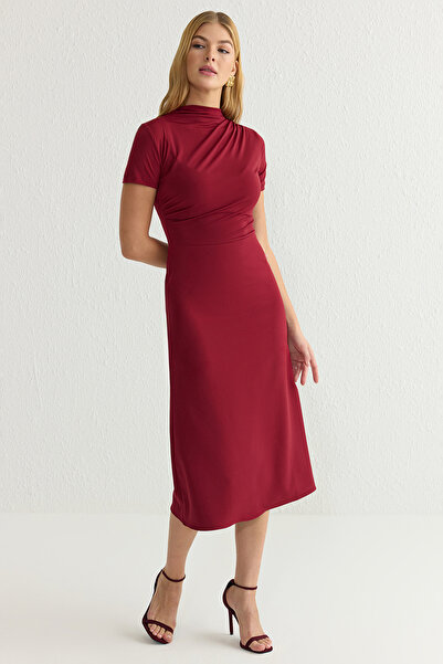 Trendyol Collection Burgundy Fitted Knitted Fabric Mixed Midi Woven Dress Twoss25El00136