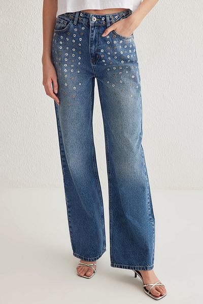 Trendyol Collection Blugi cu talie înaltă cu ochi albaștri TWOSS25JE00003