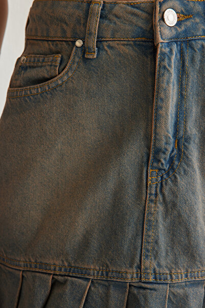 Trendyol Collection Blue Faded Effect Vintage Pleated Mini Denim Skater Skirt Twoss25Et00003