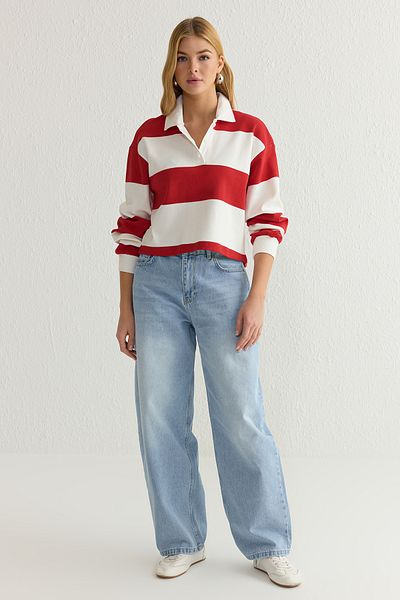 Trendyol Collection Red Polo Neck Striped Knitted T-Shirt - Regular Fit Twoss25Ts00128