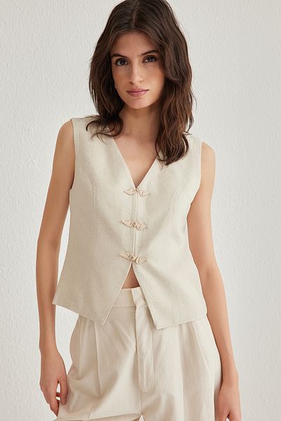Trendyol Collection V-Neck Beige Linen Vest - Tie Front Design, Woven, Twoss25Ye00029