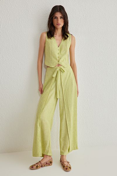 Trendyol Collection Oil Green Front Tie Detailed Woven Bottom-Top Suit Twoss25Au00018