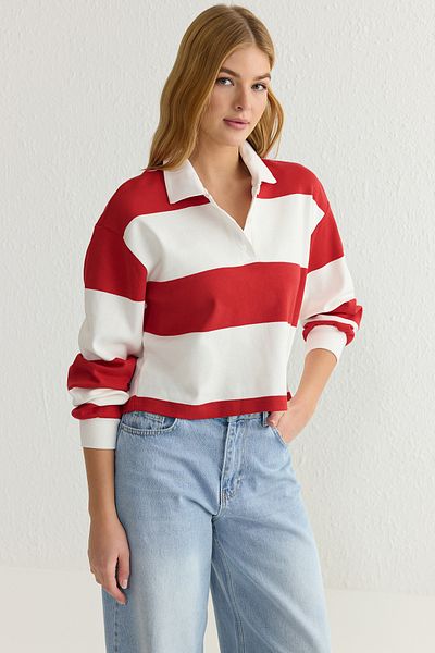 Trendyol Collection Red Polo Neck Striped Knitted T-Shirt - Regular Fit Twoss25Ts00128