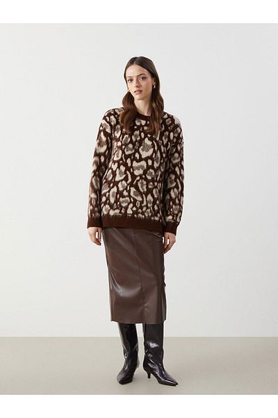LC Waikiki Lcw Modest Brown Crew Neck Patterned Women's Knitwear Tunic