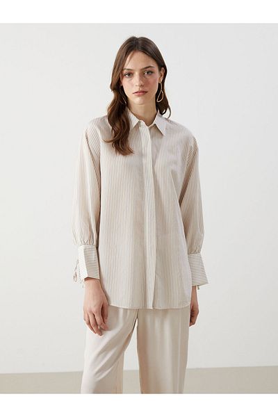LC Waikiki Lcw Modest Beige Striped Oversize Women's Shirt Tunic