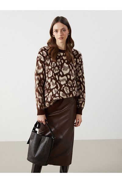 LC Waikiki Lcw Modest Brown Crew Neck Patterned Women's Knitwear Tunic