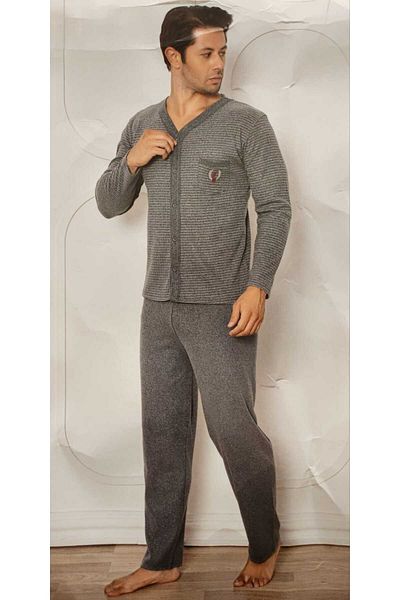 FALKOM Long Sleeve Front Button Interlock Men's Pajamas Set 5000