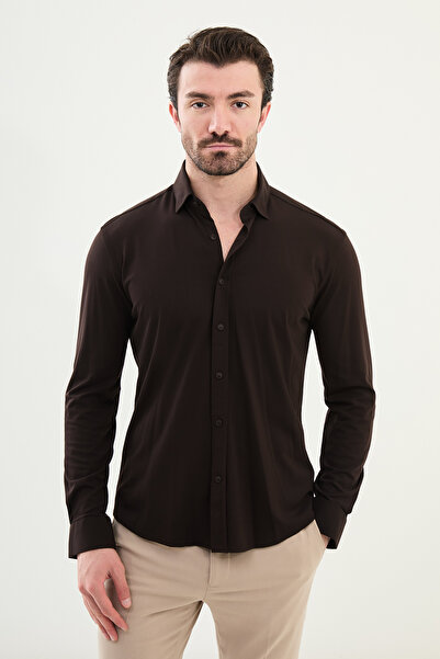 Mcr Düz Slim Fit Erkek Gömlek Kahve - 27023.24K