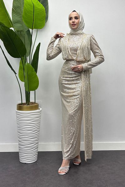 Tesettür Diyarı Women's Train Detailed Sequin Embroidered Evening Dress