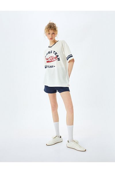 Koton College Printed V-Neck Short Sleeve Ribbed Oversize T-Shirt