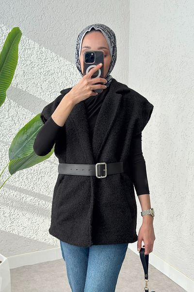 Salih Çelebi Fixed Belted Felt Vest 3031 - Black