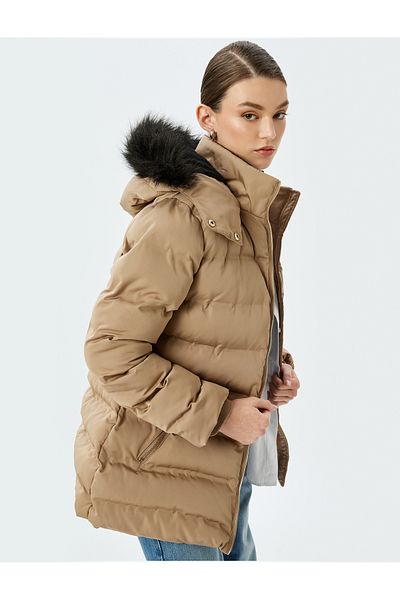 Koton Hooded Puffer Coat - Faux Fur with Pockets and Zipper