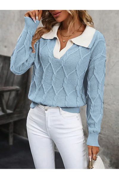 TRQOM Pulover de damă cu model tricotat cu gât polo, albastru bebeluș