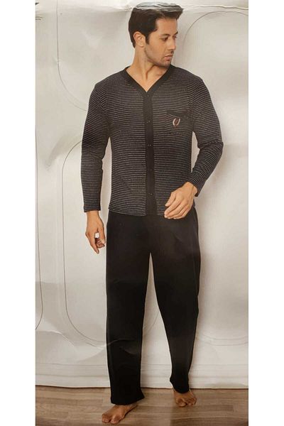 FALKOM Long Sleeve Front Button Interlock Men's Pajamas Set 5000