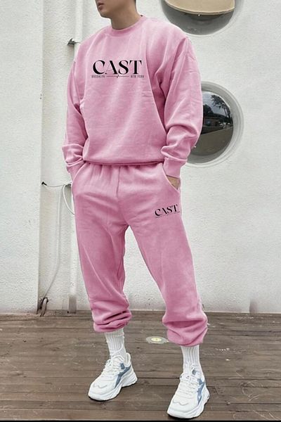 CAST COLLECTİON Men's Pink Balance Printed Sweatshirt Sweatpants Set