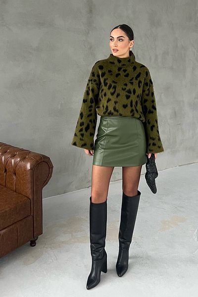 Seda Yalçın Atelier Khaki Trapezoidal Mini Leather Skirt