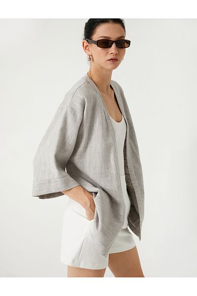 Koton Linen Blended Kimono Short Wide Sleeve Pocket