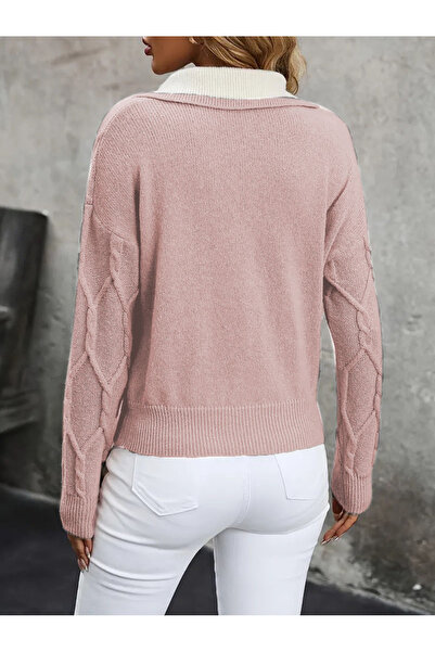 TRQOM Dámský pudrový pletený svetr s polo výstřihem