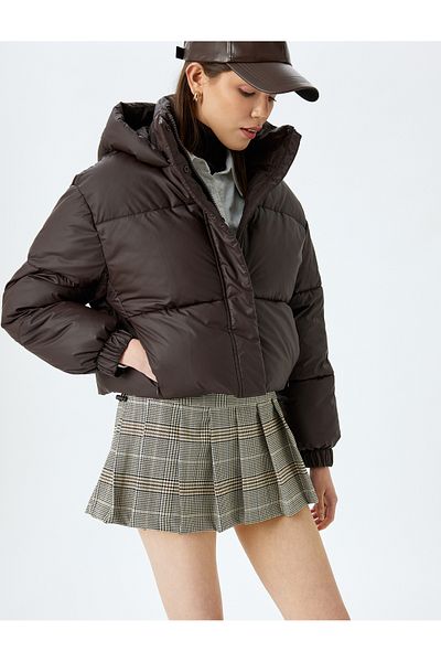 Koton Quilted Crop Puffer Jacket with Hooded Zippered Pocket Detail
